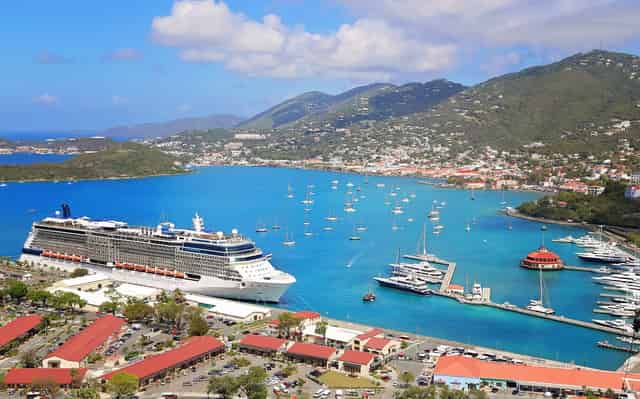 Cruise ship docked in a harbor near Saint Thomas island in the Caribbean
