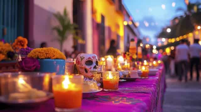 Day of the Dead altar on a street in Puerto Vallarta with a painted sugar skull, marigolds and glowing orange candles
