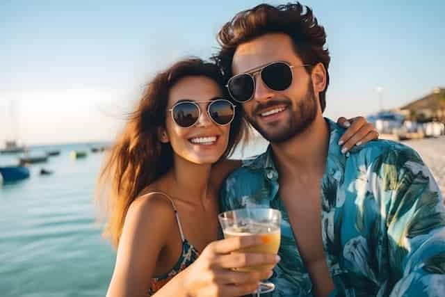 Couple toasting drinks under a sunny sky on a beach vacation