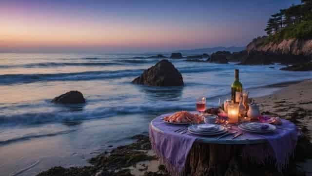 Candlelit dinner table with wine and seafood set up on a beach at sunset