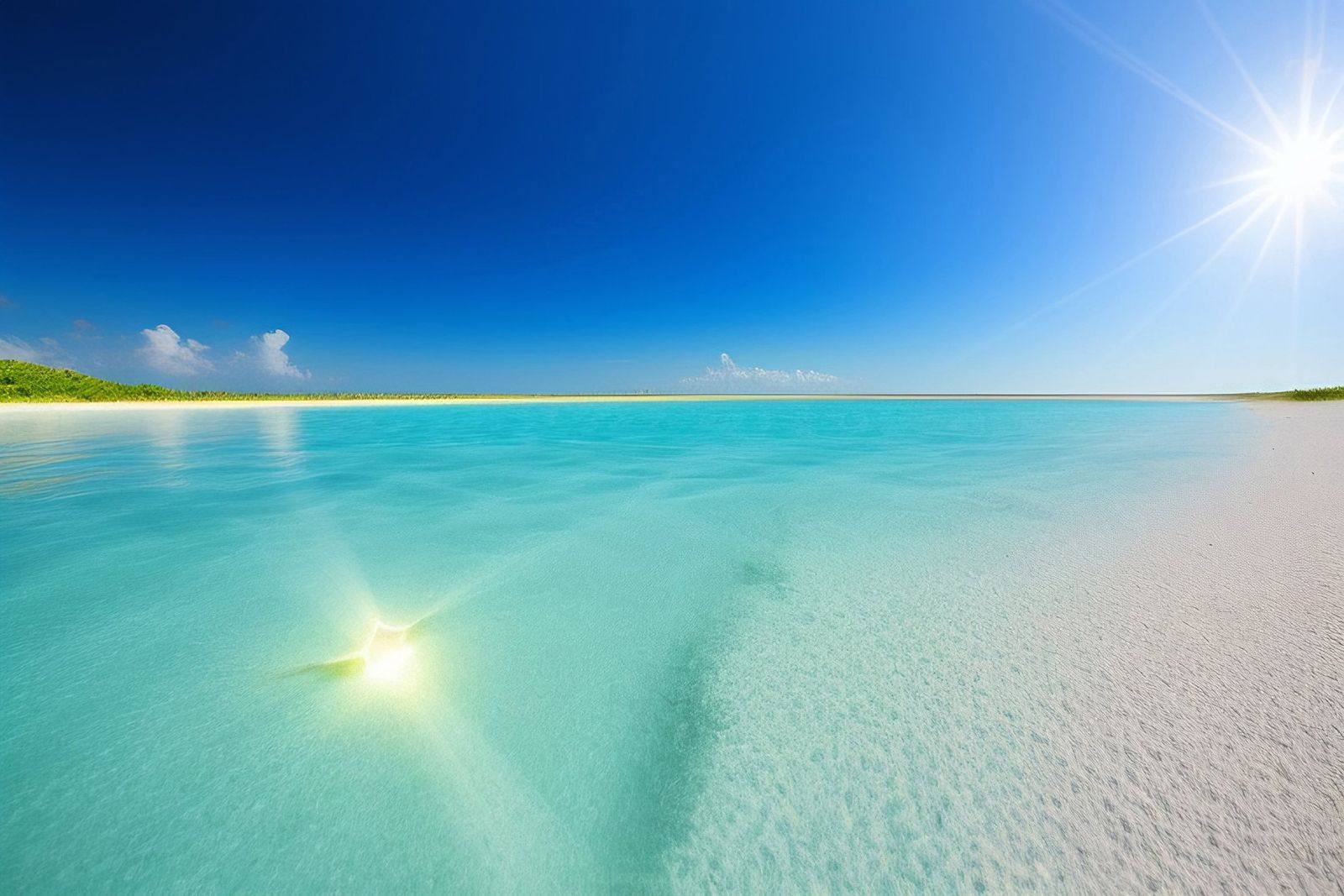 Shallow, clear turquoise water over white sand, with a low green shoreline on the horizon and a bright sun overhead