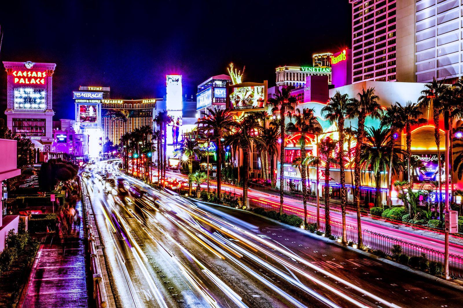 The Las Vegas Strip at night, with long-exposure traffic light trails, lit palm trees and the Caesars Palace sign on the left