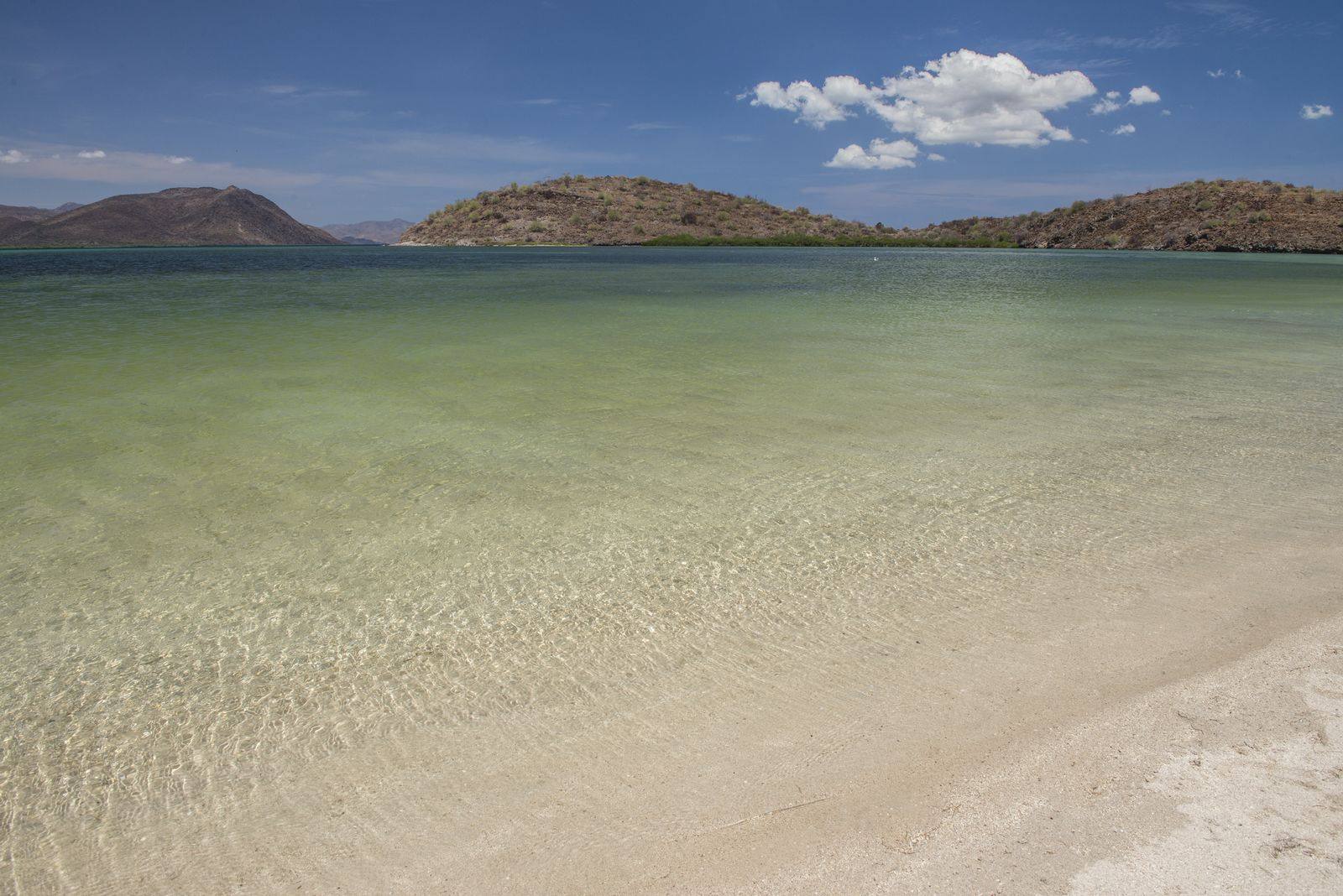Clear, calm, shallow water over pale sand at Bahía Concepción on the Sea of Cortez in Baja California Sur, with low brown hills across the bay